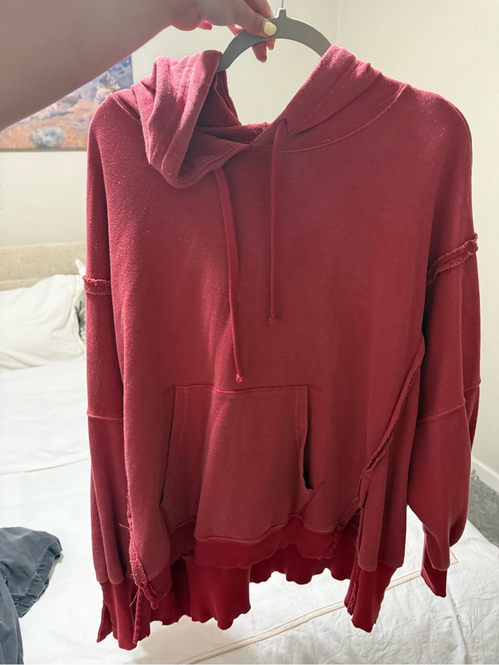 Free People Dusty Red Distressed Hooded Sweatshirt